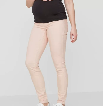 European-Style Extended Macaron Pink Maternity Skinny Jeans with Belly Support - Model W150