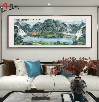 Chinese Landscape Painting for Living Room - New Chinese Style Feng Shui Sofa Backdrop Mountain Art with Fortune and Harmony Theme