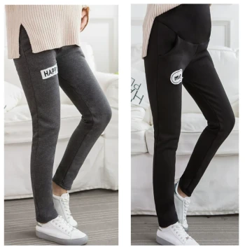 Plus-Size Maternity Pants Winter Warm Fleece-Lined Thickened Belly Support Adjustable Home & Outdoor Wear with Double Pockets