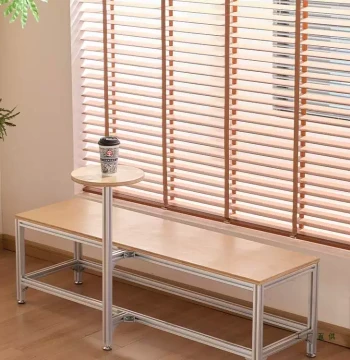 Aluminum Profile Coffee Shop Bench - Integrated Table and Chair Combo for Milk Tea Shops, Resting/Shoe-Changing Stool with Birch Wood Top for Dessert Stores
