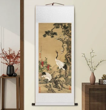 Crane and Pine Longevity Scroll Painting - New Chinese Style Wall Art for Living Room, Office, Dining Room, or Entryway