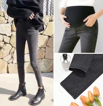 Maternity Jeans for Outer Wear, Slim-Fit Fleece-Lined Thickened Leggings for Spring, Autumn, and Winter, Women's Denim Bottoms