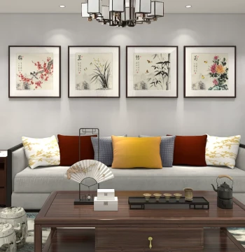 New Chinese Style Living Room Sofa Background Wall Art - 'Plum, Orchid, Bamboo, Chrysanthemum' Four-Panel Square Murals for Tea Room