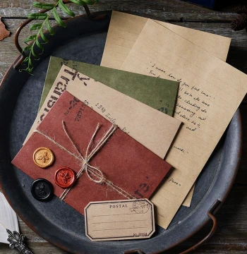 21DOES Vintage Kraft Envelope and Letter Set: Art Nouveau Distressed Misprint with Wax Seal and Twine