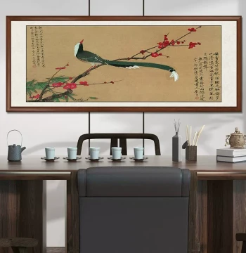 New Chinese Style Guohua Painting by Yu Fei'an: Red Plum and Partridge - Wall Art for Living Room, Study, Tea Room, or Sofa Background