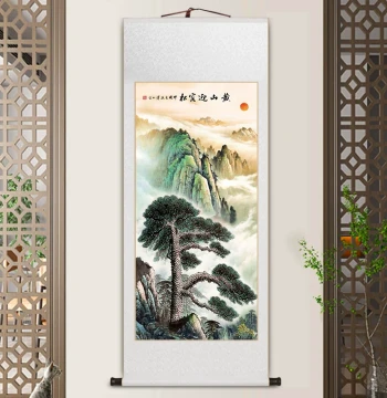Welcoming Guest Pine Scroll Hanging Painting, Landscape Art, New Chinese Style Living Room Decor, Office Calligraphy, Vertical Entryway Traditional Chinese Painting