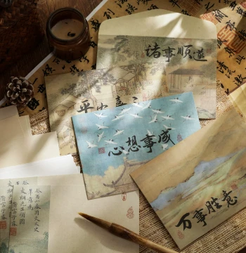 Ancient Style 'A Thousand Li of Rivers and Mountains' Envelope and Letter Paper Set, National Style Inspirational Blessing Message Sheets for Handwritten Letters