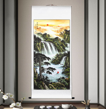Chinese Painting 'Great Fortune Ahead' Landscape Art - New Chinese Style Decor for Living Room or Office, Vertical Scroll for Entryway
