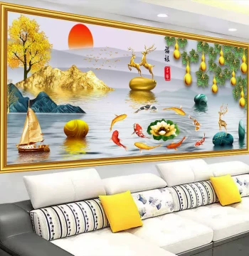 Harmony Brings Prosperity Mural, Nine Fish Painting, Living Room Decor, Landscape Art, Sofa Background Wall, Self-Adhesive 3D Traditional Chinese Painting