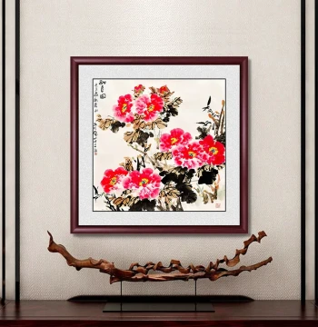Square Peony Traditional Chinese Painting for Living Room, New Chinese-Style Sofa Background Wall, Entryway Corridor, Foyer, and Study Decor