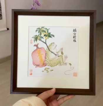 Pure Hand-Painted Toad Palace Laurel Golden Toad Wealth Attracting Painting Solid Wood Frame Chinese Style Wall Art for Living Room Study Tea Room Decoration