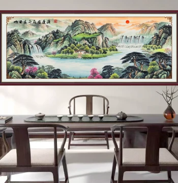 Self-Adhesive Landscape Mural - 'Sunrise Over the East' & 'Treasure Bowl' Feng Shui Art for Office, Living Room, or Tea Room