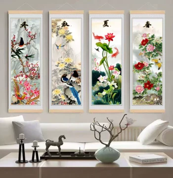 New Chinese Style Study/Living Room Decorative Painting, Landscape and Freehand Flower-Bird Art, Traditional Chinese Four-Panel Plum-Orchid-Bamboo-Chrysanthemum Hanging Scroll