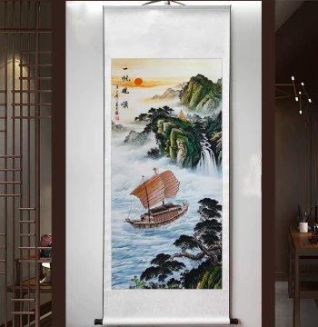 Chinese Landscape Scroll Painting for Living Room, Entryway, and Study – Rising Sun, Everlasting Fortune, and Welcoming Pine