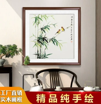 Hand-Painted Bamboo Reporting Peace Decorative Art, Bamboo Hanging Scroll, Square Traditional Chinese Painting for Living Room, Foyer, Corridor, Study, and Tea Room