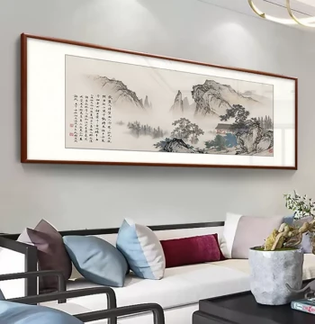 Living Room Hanging Painting, Chinese Landscape Art for Office Sofa Background Wall, Ink Wash Tea Room Decor, Wangyunlou Traditional Chinese Painting