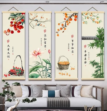 New Chinese Style Living Room Four-Panel Vertical Hanging Scroll, Plum-Orchid-Bamboo-Chrysanthemum, Spring-Summer-Autumn-Winter, Classical National Style Fabric Traditional Chinese Painting
