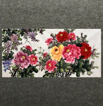 Mo Jin Xuan Premium Hand-Painted Flower-and-Bird Chinese Painting on Xuan Paper, Four-Foot Peony 'Blooming Prosperity' for Living Room Decor, Model 02