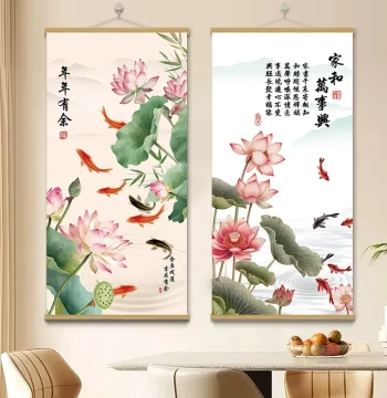 New Chinese Style Nine Fish Painting, Entryway Decorative Art, Living Room Ink Lotus Wealth-Bringing Traditional Vertical Scroll