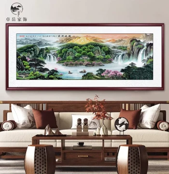 Endless Flow Landscape Painting, Treasure Bowl Living Room Decor, Traditional Chinese Art for West Wall Behind Sofa, Office Background Wall Hanging