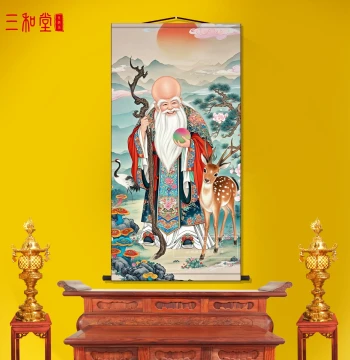 Portrait of the God of Longevity, Nanji Xianweng Scroll Hanging Painting, Living Room Decor, Silk Craft Wall Art, Traditional Chinese Hanging Scroll for Study