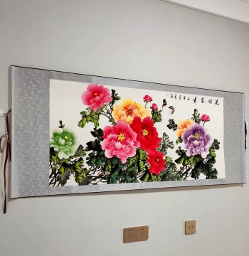 Four-Foot Xuan Paper Chinese Painting - Peony, Plum Blossom, Bamboo, and Horse Success Themes for Living Room Decorative Scroll