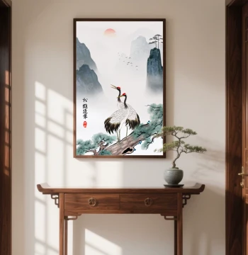 Pine and Crane Longevity Wall Art, New Chinese Style Entryway and Living Room Hallway Mural Featuring Cranes and Pine Trees