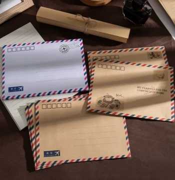 Vintage European Kraft Paper Airmail Envelopes, Customizable Mailing Set with Letter Paper, Postcards, Greeting Cards, Premium White Artistic Writing Paper for Kids, No. 5 Custom Postal Bags