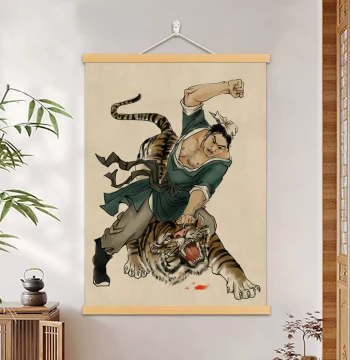 'Wu Song Fights the Tiger' Hanging Scroll - Water Margin Character Chinese Painting for Office Decor, Living Room, Study, Entryway Wall Mural