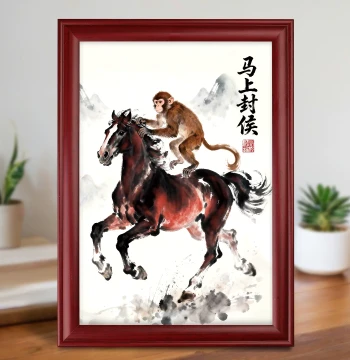 'Immediate Promotion' Hanging Painting and Display for Living Room, Entryway, or Office; 2026 Year of the Horse Auspicious Decor, Traditional Chinese Art Desk Ornament