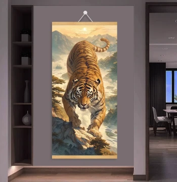 Traditional Chinese Painting of a Fierce Tiger Descending the Mountain - Entrance Hall Decor for Living Room, Office, or Entryway - Protective and Prosperous Wall Art