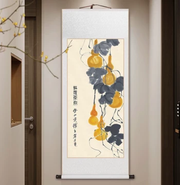 Qi Baishi Gourd Hanging Scroll, Flower-and-Bird National Painting for Living Room, Study, Tea Room, or Entryway, Auspicious Gift for Elders