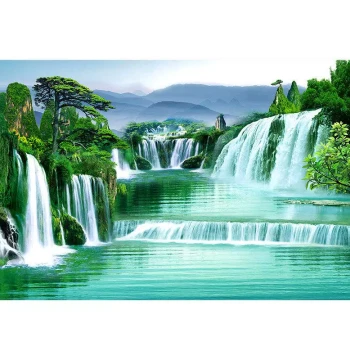 Natural Waterfall Traditional Chinese Painting, 'Flowing Water Brings Wealth' Landscape Art for Background Wall, Living Room, New Chinese Style Sofa Centerpiece