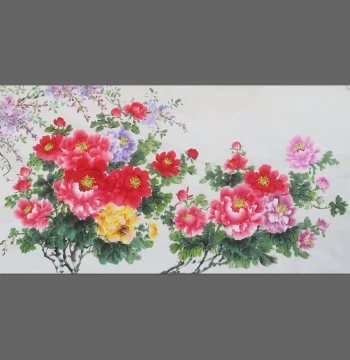 Hand-Painted Flower and Bird Chinese Painting, Peony and Wisteria Blooming with Prosperity, Decorative Hanging Art for Living Room, Office, and Entryway, Six-Foot Size E108