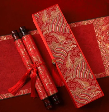 [Caomu Tang] Blank Engagement Scroll with Gold-Flecked Red Paper, Creative Calligraphy Gift for Weddings