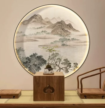 Landscape New Chinese Zen-Style Entrance Hall Decor - 3D Traditional Painting Wallpaper Murals for Tea Rooms, Living Rooms, and Dining Areas - Circular Design