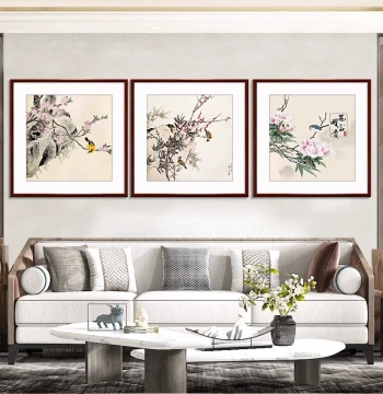 New Chinese Style Ink Wash Bird and Flower Painting - Living Room Background Wall Decor, Traditional Chinese Art for Dining Room, Entryway, and Bedroom