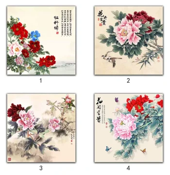 Square Peony Flower Core Painting, New Chinese Style Art for Hallway, Living Room, Bedroom, and Sofa Background Wall Decoration