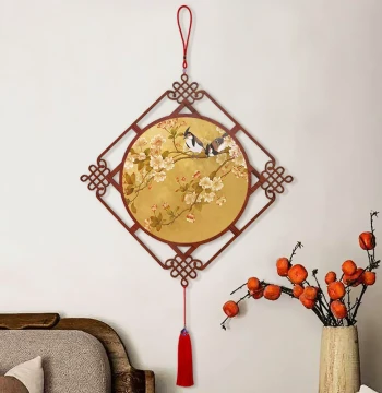 'Blooming Flowers Bring Wealth' Entrance Hall Hanging Ornament - Chinese Knot with Bird-and-Flower Painting for Living Room, Dining Room, or Corridor Decor