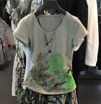 2021 New Arrival S.Dearo Korean-Style Slim-Fit Versatile Women's Green & Gray Printed Cotton Short-Sleeve T-Shirt