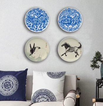 Twelve Chinese Zodiac Blue and White Porcelain Plates: Xu Beihong Ink Wash Animal Art Ceramic Decor for Living Room Cabinets, Birthday Gift