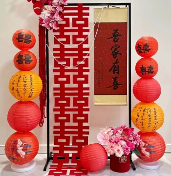 Wedding Decor Backdrop - Bride's Bedroom Decoration with Calligraphy Hanging Scroll, Red Wedding Room Setup in New Chinese Style