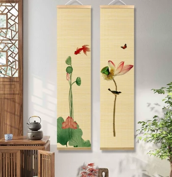 Chinese Style Lotus and Bamboo Natural Color Hanging Painting – Decorative Art Scroll for Tea Room, Entryway, Traditional Chinese Painting, Ancient Style Living Room Decor