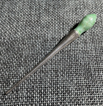 Authentic Qing Dynasty Silver Hairpin with Inlaid Jadeite, Aged Patina, Folk Art Collectible