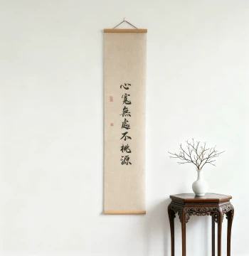 New Chinese Style Zen Linen Scroll Painting - Inspirational Calligraphy Wall Art for Entryway, Study, and Tea Room