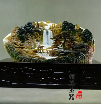 Natural Jade Landscape Ornament for Living Room, Xiuyan Jade Raw Stone, Large Ink Wash Style Chinese Decor