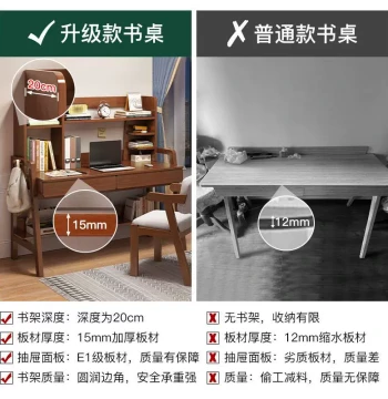 Solid Wood Leg Desk with Bookshelf - All-in-One Computer Table for Bedroom Study, Suitable for Middle and Primary School Students