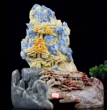 Fengchun Shoushan Qingtian Stone Xiuyan Jade Splendid Landscape Ornament Jade Raw Stone Hand Piece Carved Stone Unique Rock Guest