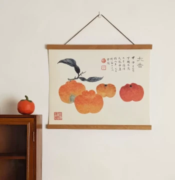 Chinese Vintage Hand-Painted Oil Fruit and Calligraphy Scroll on Solid Wood, Custom Canvas Decor for Living Room, Study, or Electrical Box