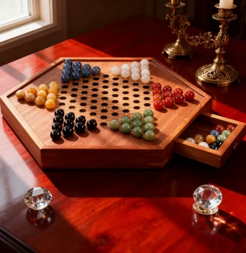 Chinese Checkers for Kids and Adults, Educational Wooden Game with Agate Marbles, Glass Beads, Large Vintage Family Board Game
